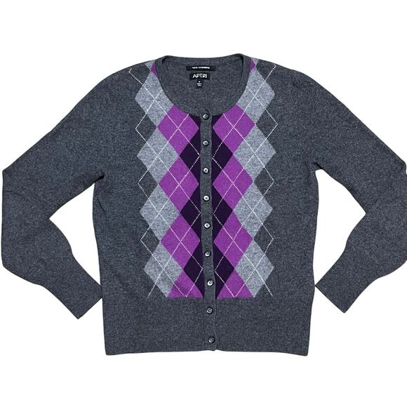 Apt 9 Women 100% Cashmere Cardigan M Purple Gray Argyle Diamond Button Preppy - Picture 1 of 6